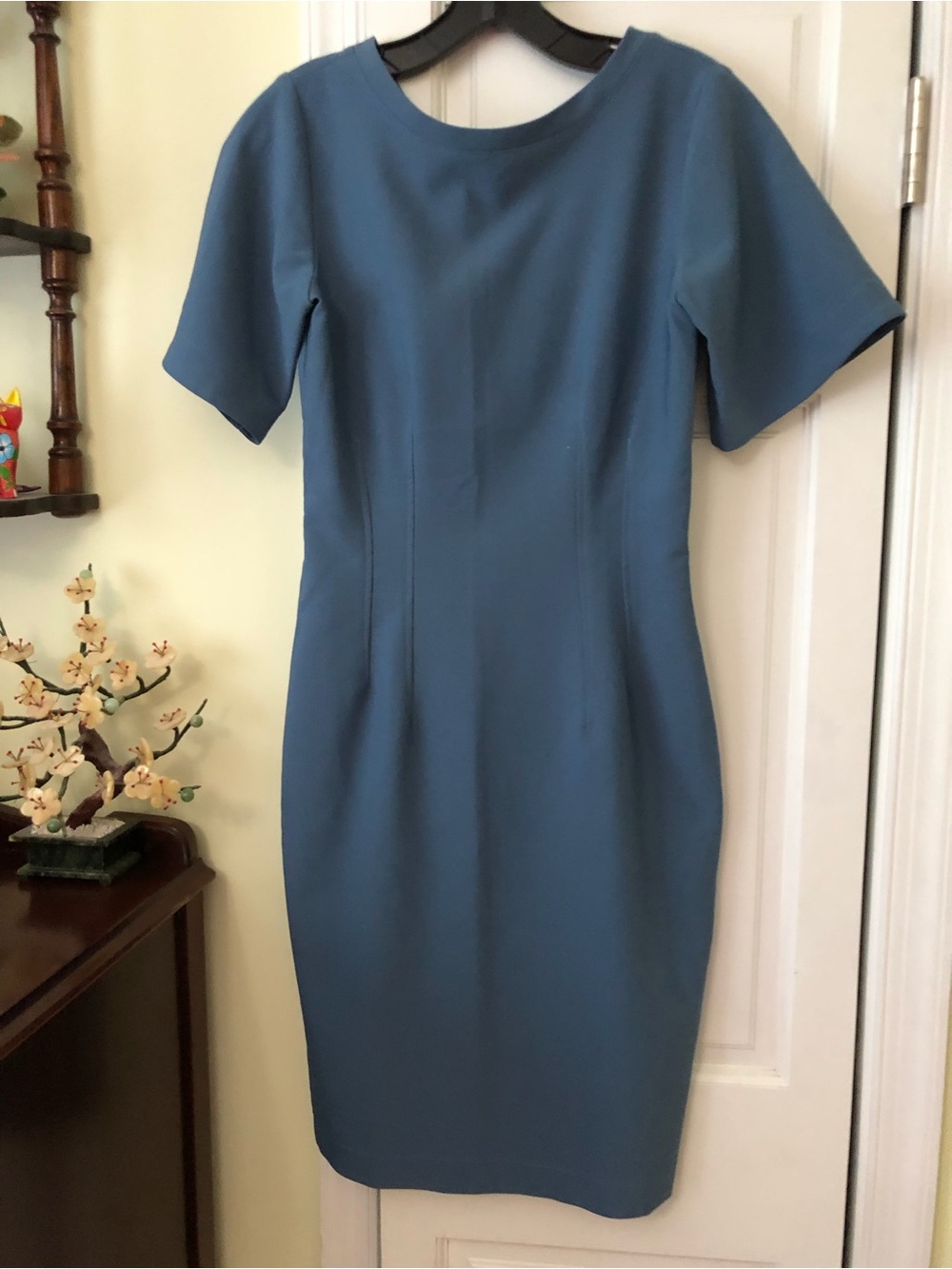 Elegant Slate Blue Short-Sleeve Midi Sheath Dress purchased in London